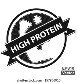 Vector: Etiqueta negra, etiqueta engomada, etiqueta o insignia para la información sana del producto o del Producto presente por la cinta alta de la proteína con la señal alta de la proteína aislada en el fondo blanco 