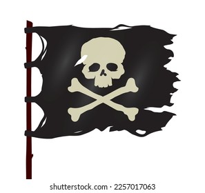 Bandera pirata gateada negra vectorial con el símbolo del cráneo y los cruces. Aislado sobre fondo blanco