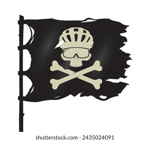 Vector black tattered pirate flag with cyclist skull with crossbones and bicycle helmet and glasses symbol. Isolated on white background