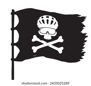 Vector black tattered pirate flag with cyclist skull with crossbones and bicycle helmet and glasses symbol. Isolated on white background
