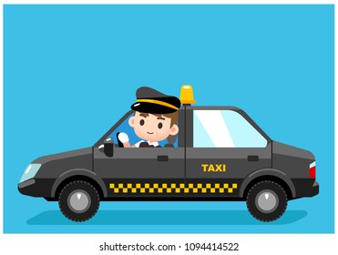 Vector black taxi car and a male driver character