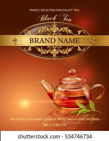 Vector black tea banner with transparent teapot and tea leaves. Design for packaging, drink menu and tea products. Only free fonts used. Font names included in the layers.