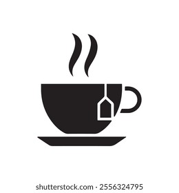 Vector of a black tea cup with steam and a tea bag label on a saucer, set on a white background. Perfect for tea branding, cafe menus, and beverage-themed designs.