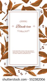 Vector black tea vertical banner with tea leaves and drops on white. Design for packaging, tea shop, drink menu. With place for text.
