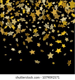 Vector black template with gold stars.  Illustration of flying shiny stars. Decorative element. Bright design pattern. Suitable for your design, cards, invitations, gift, vip.