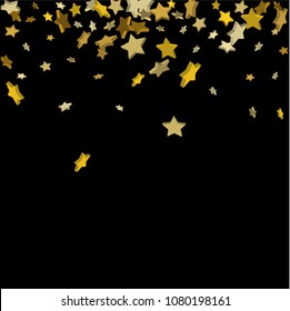 Vector black template with gold stars.  Illustration of flying shiny stars. Decorative element. Bright design pattern. Suitable for your design, cards, invitations, gift, vip.