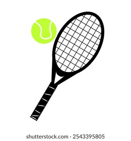 Vector raqueta de tenis negro y bola verde aislado sobre fondo blanco