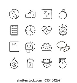 Vector black thin line health and sports icons set isolated on white background.