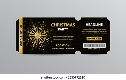 Vector black ticket stub admission template with golden glittering snowflake for Christmas party.