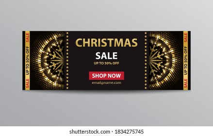 Vector black ticket template for Christmas sale with golden glittering abstract snowflakes.