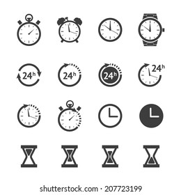 Vector black time, clock icon isolated on white. Sand watch set and 24h clock collection. Stopwatch, Two flat time icons, Wall clock icon. Wrist watch & alarm clock icon