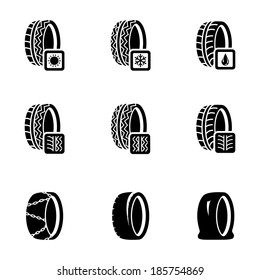 Vector black tire icon set on white background