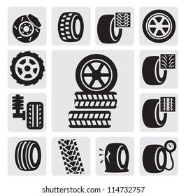 vector black tire icons set on gray
