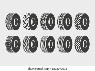 vector black tire icons set on gray