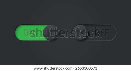 Vector Black Toggle Switch Set on Black Background. Realistic Toggle Switch. On Off Button, Modern Toggle Switch for User Interface, App, Web, Settings, Technology. UI Element, Control Panel