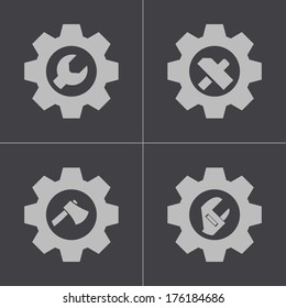 Vector black tools in gear icons set on gray background. 