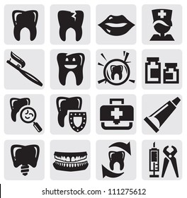 vector black tooth icons set on gray