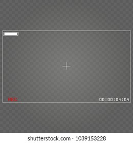 Vector Black transparent camera rec interface viewfinder with digital focus and exposure settings. Screen photography frame. Focusing screen zoom, battery status, video quality, Image stabilization.