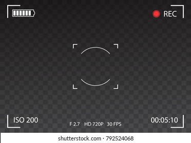 Vector Black Transparent Camera Rec Interface Viewfinder With Digital Focus And Exposure Settings. Screen Photography Frame. Focusing Screen  Zoom, Battery Status, Video Quality, Image Stabilization 