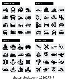 vector black transport icons set on gray