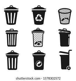 Vector black trash can icons set,  Black illustration isolated for graphic and web design.