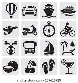 vector black travel icons set on gray