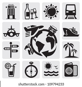 vector black travel icons set on gray