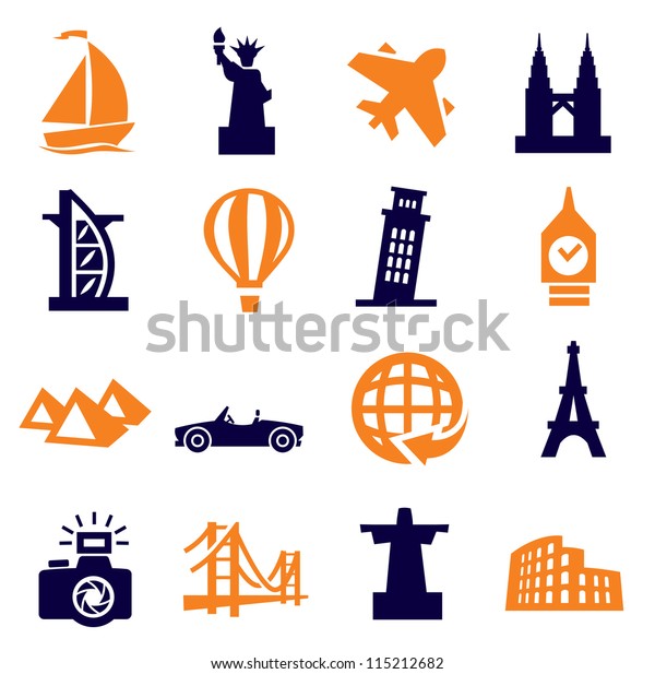 vector black travel
and landmarks icons set
