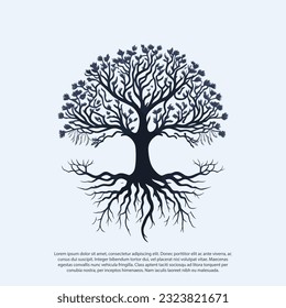 árbol negro vectorial de icono vivo sobre fondo blanco, árbol con raíz, gráfico vector creativo Silhouette de árbol de rama de troncos de hoja con vector raíz para logo o permiso de diseño, follaje, roble