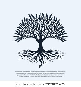 vector black tree of live icon on white background, tree with root, Creative vector graphic Silhouette of leaf trunks branch tree with root vector for logo or design leave, fooliage, oak