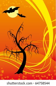 Silueta de árbol negro vectorial con fondo de onda naranja