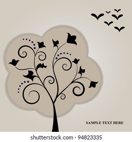 Vector black tree stylized with flowers and birds