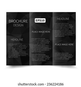 Vector black tri-fold brochure design template with abstract geometric background. Tri-Fold Mock up & back Brochure Design with triangles. Vector design illustration EPS10