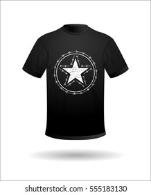 Vector black T-shirt with grunge stylized stars in a circle of barbed wire