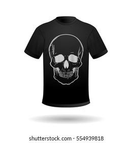 Vector black T-shirt with the image of a white skull on the front side