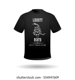 Vector black T-shirt with the image of the white color in the form of a rattlesnake coiled and the inscription Don't Tread On Me on and the inscription Liberty or Death the black background