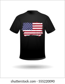 Vector black T-shirt with a pattern on the chest in the form of contour maps of America stylized US flag in a grunge style