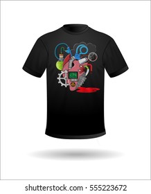 Vector black T-shirt with a picture on his chest as a biomechanical heart in fantastic style steam punk