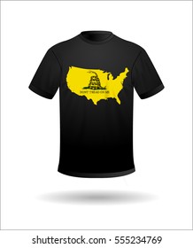 Vector black T-shirt with a picture on his chest as a contour map of America with the image of a yellow snake coiled in the grass and inscriptions Don't Tread On Me