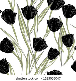 Vector black tulips on white background. Stylized drawn flowers backdrop. Seamless pattern for wallpapers, pattern fills, web page backgrounds, surface textures, fabric, carpet, home decor