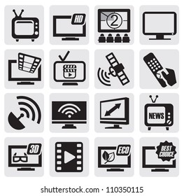 vector black TV technology icons set on gray