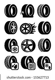 vector black tyre icons set on gray