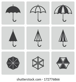 Vector black umbrella icons set on gray background