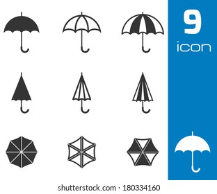 Ícones de guarda-chuva preto vetorial definidos no plano de fundo cinza.