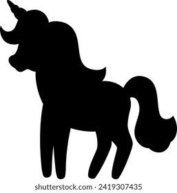 Vector black unicorn silhouette. Fantasy animal shadow. Fairytale horse character illustration for kids. Cartoon magic creature icon isolated on white background
