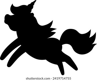 Vector black unicorn silhouette. Fantasy running animal shadow. Fairytale horse character illustration for kids. Cartoon magic creature icon isolated on white background
