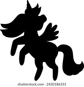 Vector black unicorn silhouette. Fantasy animal shadow. Fairytale horse character illustration for kids. Cartoon magic creature icon isolated on white background
