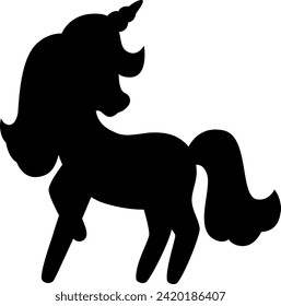 Vector black unicorn silhouette. Fantasy animal shadow. Fairytale horse character illustration for kids. Cartoon magic creature icon isolated on white background
