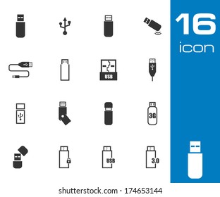 Vector black  usb  icons set on white background