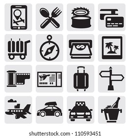 vector black vacation travel icon set on gray